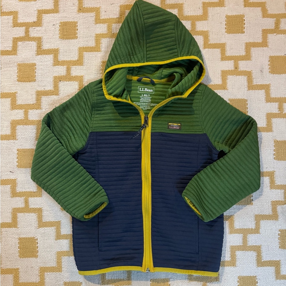 L.L. Bean Green & Navy Airlight Hooded Full Zip-Up Jacket with Yellow Trim
